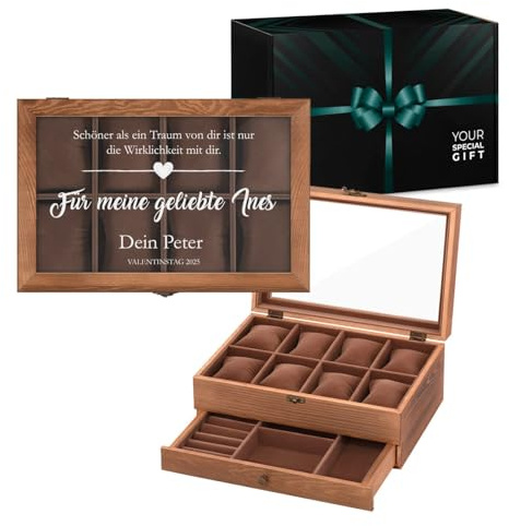 Maverton Uhrenbox mit Gravur für 8 Uhren, Jewelkeeper Braun | Braune Uhren Aufbewahrungsbox, mit Glasdeckel und Schublade, funktionale Schmuckschatulle, für Frauen und Paar