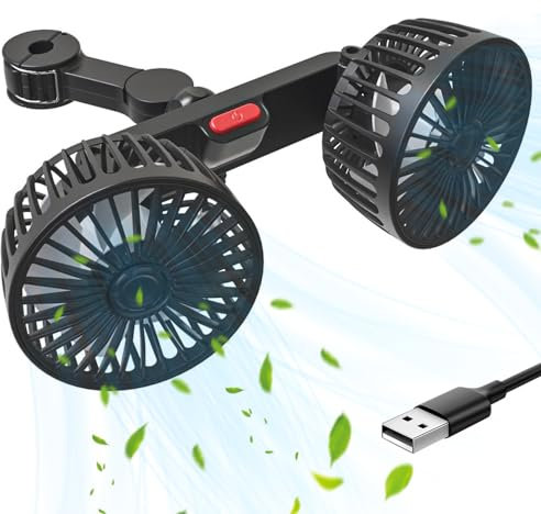 Ventilatore per Auto, Ventilatore USB 5V 2A con 3 Velocità per Sedile Posteriore Passeggero 360° Ruotabile Ventola Due Testa Ventola di Raffreddamento per Auto per Veicoli Come Berlina, SUV, RV