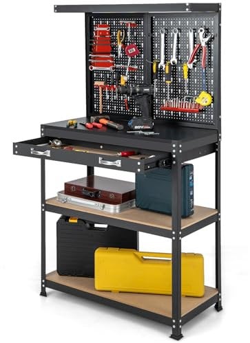 GOPLUS Banco de Trabajo Taller, Mesa de Herramientas Carga 100 kg, 81x41x155cm, con Tablero Perforado Metal, Estante Abierto, 14 Accesorios para Colgar