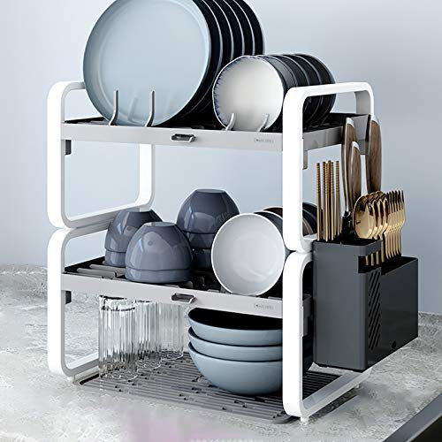 Estante plegable para secar platos, juego de escurridor de platos de 2 niveles, estante para platos de aluminio para encimera de cocina, escurridor de platos con soporte para utensilios, estante