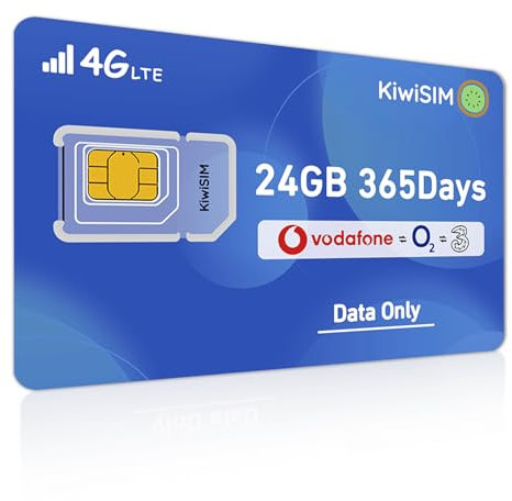 KiwiSIM Prepaid SIM Card, 4G LTE Data Cards, Iot Card Preloaded with 24GB of 365 Days Data, UK Sim Card Support for Vodafone Three O2, Data only SIM Card for WiFi Router/Security Camera/Tablet