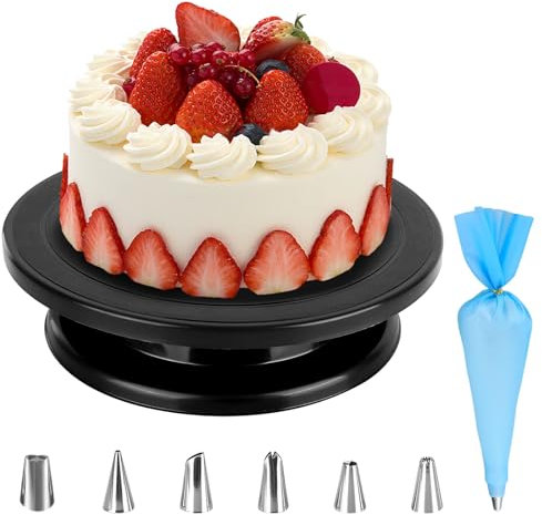 XCRPRT Plato giratorio para tartas, 27 cm, plato giratorio, plato giratorio para tartas, plato giratorio de aleación de aluminio, manga pastelera con boquillas para tartas, cocina, color negro
