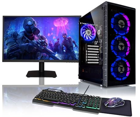 BEASTCOM Q3 Gaming PC Set Komplett, AMD Ryzen 7 8X 4,60GHz 16 Threads, 4K Vega Radeon Grafik, 32GB RAM, 1TB SSD + Monitor LED 24 + Gaming Tastatur + Maus + Mauspad, WLAN, Windows 11 Pro