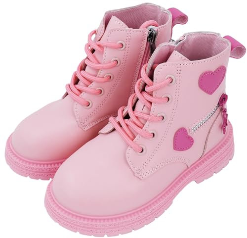 SEAUR Stivali Vintage per Bambini Stivali Corti con Fondo Spesso Ragazza Stivali con Cerniera Lacci Stivali d'Amore Comodo Scarpe Autunnali Rosa 33 EU
