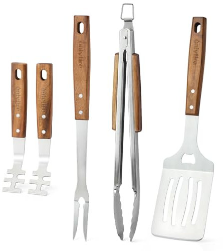onlyfire Set D'ustensiles de Barbecue 5 Pièces, Inclure Pince à Barbecue, Spatule, Fourchette à Barbecue et 2 Lève-Grille, avec Poignées en Bois et œillets de Suspension, Accessoires de Barbecue
