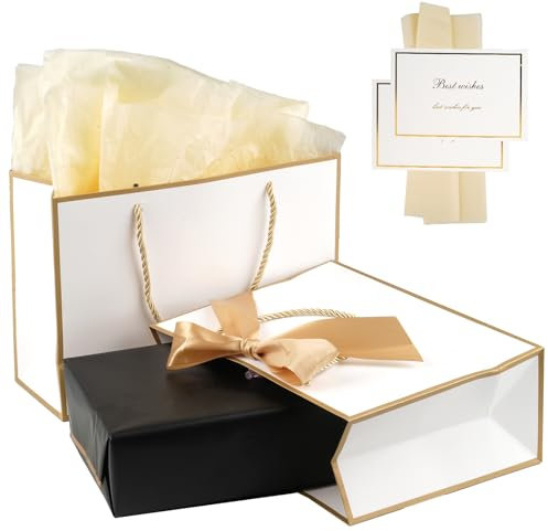 2 Stück Geschenktüten Set, Papiertüten mit Henkel, Geschenktaschen mit Grußkarten und Seidenpapier, Weiß Geschenk Tüte mit Goldrand, Gift Bag, für Geburtstag, Partys usw.(28x20x10cm)