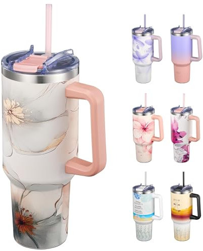 THILY Stainless Steel Insulated Travel Mug 40 oz Water Tumbler with Handle, Coffee Mug with Lid and Straws, Cupholder Friendly, Dishwasher Safe, for Outdoor, Camping, Golden Bloom Whispers