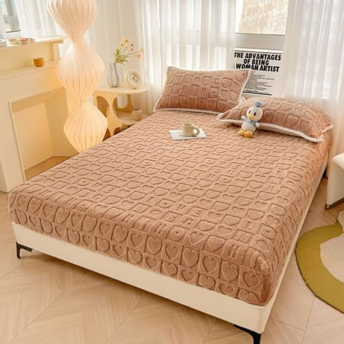 AMDXD 90x200cm Betttuch Gepolstert, Herz Muster Bettlaken Unterlage Faltenresistent und Ausbleichen, Samt Tagesdecken Khaki für alle Jahreszeiten