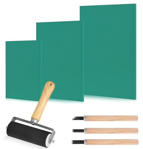 JSUOEO Linoldruck Platte Set, 3 Stück A4 A5 A6 Weichgummi Stempelgummi Linolplatten für Linolschnitt mit Schnitzwerkzeugen Linoleum Schnitzset für Druckgrafiken Kunsthandwerk DIY