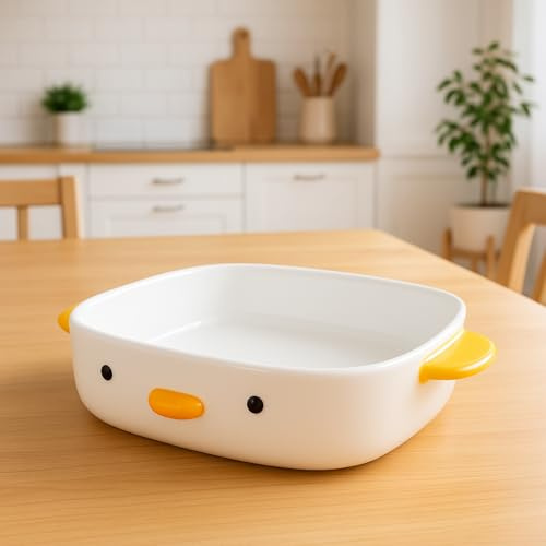 TULANDOT Cute Duck Shaped Casserole Dish Ceramic Casserole Dish White Porcelain Cake Pan 22.8x22.8 Large Casserole Dish with Handles Oven Safe Durable Bakeware