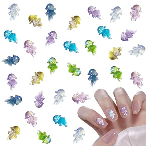 Jellyfish Nail Charms,200PCS Random Color Jellyfish Nail Rhinestones Gems,Ocean Themed Resin Nail Art Decoration Accessories for Women Girls Manicure Design DIY Crafts (Jellyfish Pattern)