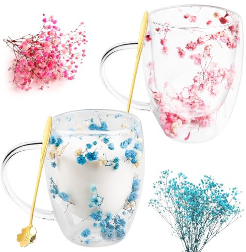 Lot de 2 verres à double paroi - 350 ml - Fleurs - Double couche - Tasse à café isolée en verre - Fleurs séchées - Double paroi - Pour cappuccino, thé, lait, bière