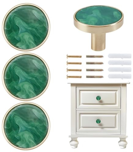 DELORIGIN 4 Packs Drawer Knobs Gold Dresser Knob Zinc Alloy Pulls Handles Mother of Pearl Furniture Knobs Accessories for Kitchen Cabinet Dresser Drawers Door Decorative,1.2 Diameter,Green