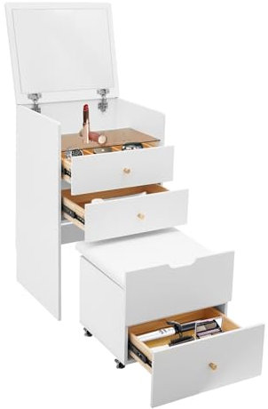 Schminktisch Weiß,Flip-Top Kosmetiktisch mit 3Schubladen 4Universalrädern,Glatte Kanten Frisiertisch mit Bequemer Griff und Gleitschiene Bequemer Hocker Praktisches Scharnier Klarer brauner Deckel