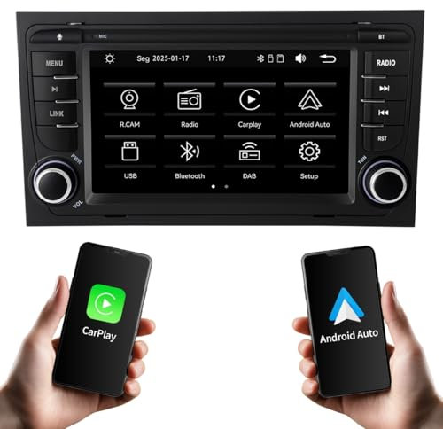 Autoradio kompatibel für Audi A4 B6, B7, S4 und RS4. Unterstützt drahtloses/kabelloses CarPlay/Android Auto+ Mirror Link. Mit AM/FM/RDS/USB/Bluetooth/Microphone, 7-Zoll-HD-Touchscreen.