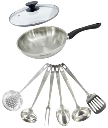 Fackelmann 9445450 Pfannenset 24 cm aus Edelstahl 18/8, Glasdeckel und 6 Edelstahlutensilien, Bratpfanne, für alle Herdarten, Induktionspfanne, PFAS-frei, Edelstahl 18/8, Glas, 24 cm