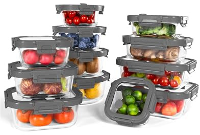 BOROHOUSE 12-teiliges Glas Frischhaltedosen Set mit bruchsicherem Deckel, mikrowellengeeignet, ofenfest(-20°C bis 510°C), spülmaschinenfest, luftdicht – Ideal für Meal Prep & Aufbewahrung,Grau