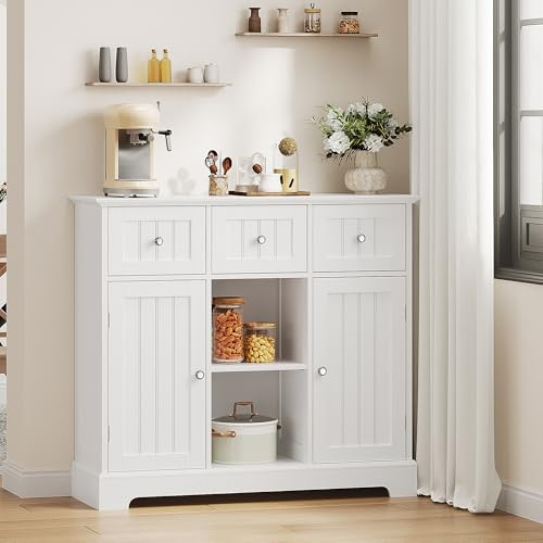 ChooChoo 35.4 Coffee Bar Cabinet with 3 Drawers and 2 Doors, White