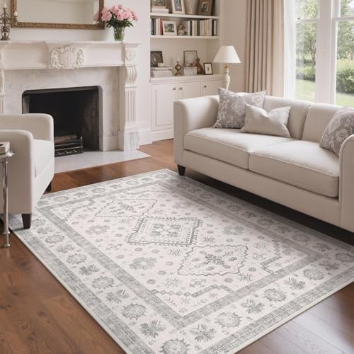 GENIMO Teppich Wohnzimmer 160X230 cm Vintage Waschbar Silbergrau Blau | Boho Vintage Orientalischer Teppiche, Kurzflor Wohnzimmerteppich, Rutschfest Carpet, Groß für Schlafzimmer, Esszimmer, Büro