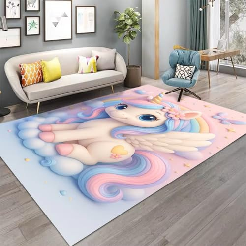 PEIHUODAN Einhorn-Teppich Für Mädchenzimmer, Anime-Cartoon, Rosa Regenbogenpferd, 3D-Druck, Weicher Flanell, Waschbar, rutschfest, Kinderzimmerdeko (Farbe 6,140x200cm)