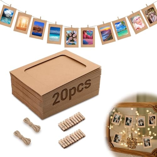 Mbsomnus 20 Stück Fotogirlande 10x15cm Fotoleine mit Klammern Braun | Papier Bilderrahmen, mit 20 Holzklammern, 2 Hanfseil, Karton Fotorahmen 6 Zoll, DIY, Geburtstag, Hochzeit, Party, Wand