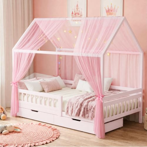 Joyseedi 2 Stück Hausbett Himmel Set, Betthimmel für Hausbett Deko, Bett Vorhang für Mädchen und Jungen im Kinderzimmer, 150 x 350 cm Rosa