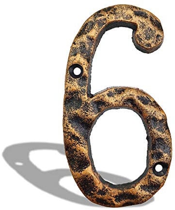 5.5 Inch House Address Numbers- Solid Cast Iron Metal Door Gate Number- Unique Hammer Appearance with Individual Irregular Handcraft Antique Brass Finish (Number 6)
