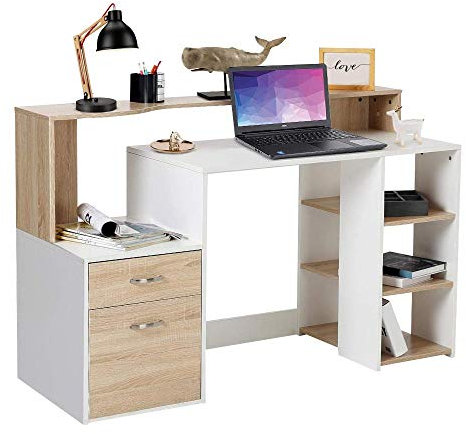 BAKAJI Scrivania con Cassetto e Mobiletto Tavolo da Lavoro Porta Pc Computer in Legno Melaminico Arredamento Casa Ufficio Cameretta (Beige)