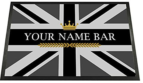 Personalised Bar Door mat - Grey Union Jack crown, any name, Door mat 60 x 40cm, non slip base indoor home bar door mat
