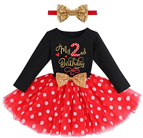 Kinder Baby Mädchen Mein Zweiter 2. Geburtstag Kleid Baumwolle Langarm Gepunktet Tutu Tüllkleid A-Linie Prinzessin Partykleid mit Pailletten Schleife Stirnband Set Fotoshooting Outfits Schwarz + Rot