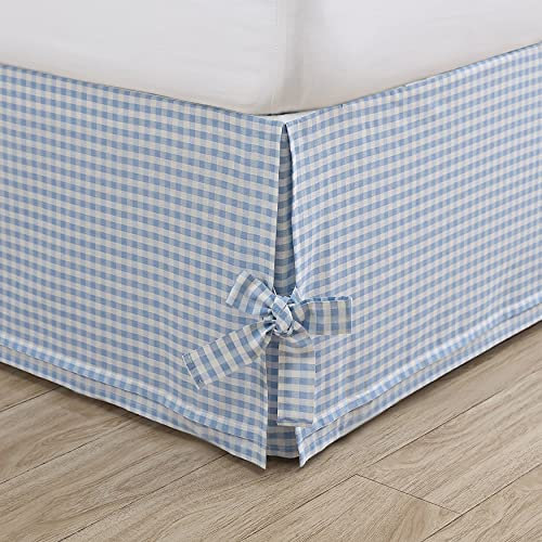 Laura Ashley Cache-sommier pour lit Simple, literie en Coton tissé uni, Coins séparés avec nœuds Papillon décoratifs, Essentiels de dortoir, certifié Oeko-Tex (Bleu Hedy)