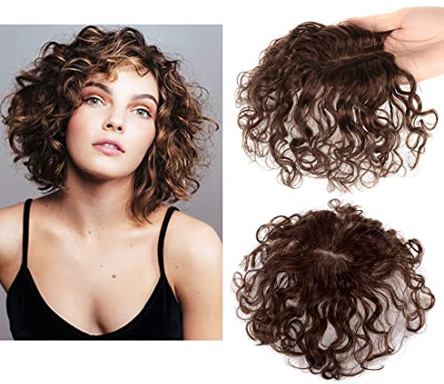 Eree Hair Handgebundenes Lockiger Echthaar-Topper für Frauen mit dünner werdendem Haar,7 x 8 cm kleine Fläche Toupet Perücke, Mono base Topper Haarteil, Clip-in-Haarverlängerung, 15,2 cm, Hellbraun