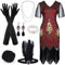 FEPITO 1920er V-Ausschnitt Pailletten Perlen Fransenkleid mit 20er Accessoires Set (Stil 7)