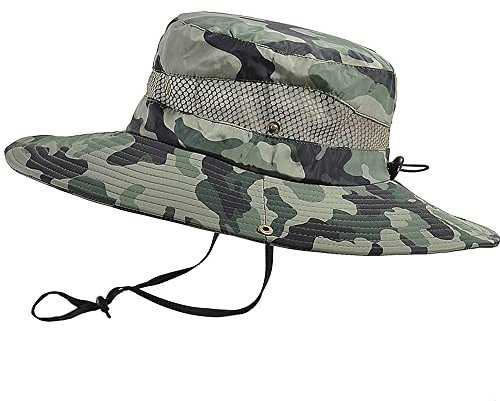 WANYI Sonnenhut Herren UV Schutz Outdoor Wanderhut Fischerhut Trekking Faltbar SafariHut Boonie Hat Dschungelhut Gartenhut Anglerhut Damen mit Kinnband 58-60CM (Tarnung Khaki)