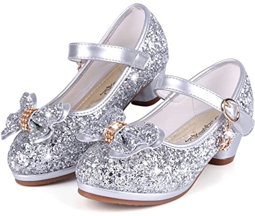 KUWIBY Girl Sandals Glitter Princess Shoes Sequin Party Shoes Bling Bowknot High Heels Wedding Birthday Dress Comfort Bright Diamond Cosplay Dance for Little Girls Christmas Silver