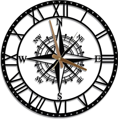 MOXVIO Circinus 45 cm Metall-Wanduhr, schwarzer Kompass-Wanduhr, 3D, leise, Nicht tickende Metall-Wanduhr – dekorative Luxuskunst für Wohnzimmer, Küche, Esszimmer, Schlafzimmer, Garten und Terrasse