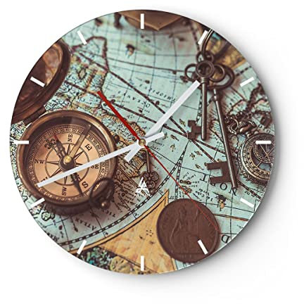 Modern Wanduhr Kompass Vintage Karte 40x40cm Rund Groß Wand Uhr Glas Analog Zimmeruhren Küche Büro Wohnzimmer Glasuhr Wall Clock Dekoration Design Wanddekoration Küchenuhr C3AR40x40-4302