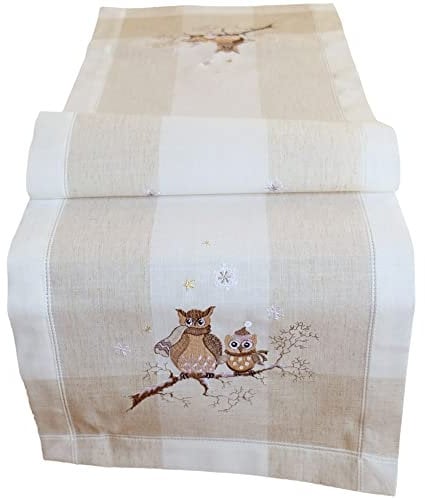 matches21 Tischläufer Lilian Eule Streifen Stick Heimtextilien Mitteldecke beige Ecru Polyester Leinen 1 STK 40x140 cm