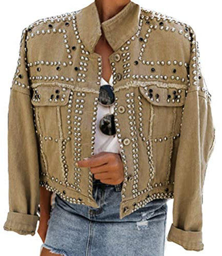 ORANDESIGNE Damen Jeans Jacke Übergangs Jacke Vintage Langhülse Lose Mädchen Jeans Mantel Jeansjacke mit Nieten Khaki-S