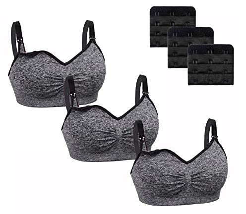 Dreamburn Maternity Nursing Bra 1/2/3 Pack Wireless Seamless Breastfeeding Bras 4 Rows Adjust Hook with Removable Spill Prevention Pads Add Extenders Comfortable (BLack-3Pcs,XL)