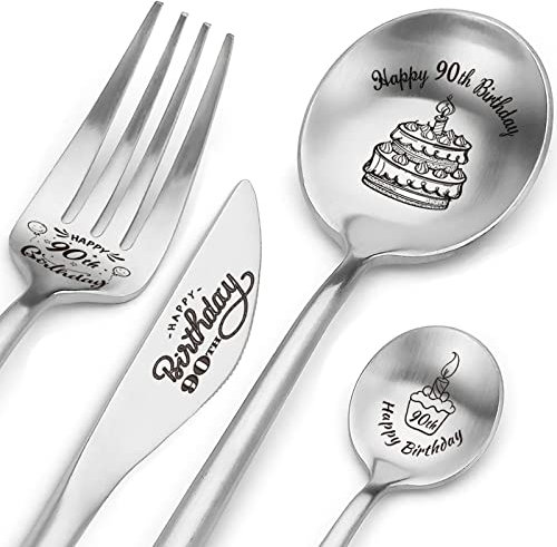 Besteck-Set mit Löffel und Gabel zum 90. Geburtstag, personalisierbar, Geburtstagsgeschenk für Opa, Oma, Vater, Mutter, Schwester, Bruder, Freunde