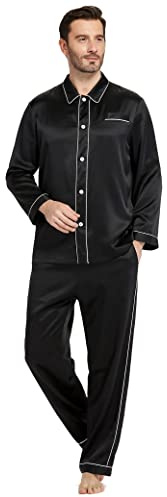 LilySilk Herren Seide Pyjama Set Reine Seide Nachtwäsche mit Langarm Bluse und Hose Pj Set Luxus Loungewear Schwarz Blau Weiß Rot Nachtwäsche für die ganze Saison