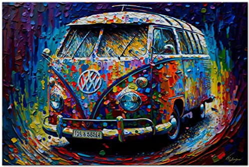 PRINTONIA Bild auf Leinwand 120x80cm Volkswagen VW-Bus Bulli T1 Transporter Buli Oldtimer Abstrakt Grafik Art Automobil Bilder Deko Dekoration Wandbild Kunstdruck