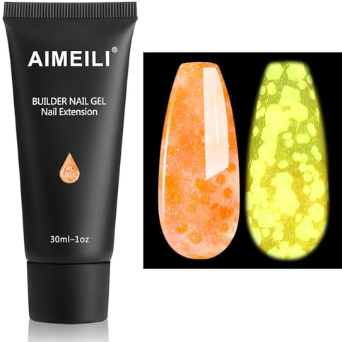 AIMEILI Extention Gel pour Ongles Fluo, Paillettes Glow in Dark Builder Construction Gel 30ml Faux Ongles Quick Building UV LED Vernis Semi Permanent Orange 021