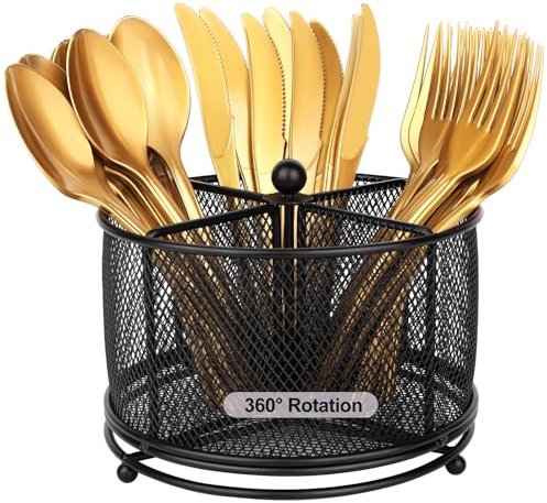 Jvoiyae 360° Rotating Metal Silverware Caddy, 4 Compartment Silverware Holder Utensil Caddy Cutlery Spoon Fork Napkin Flatware Organizer Storage for Countertop Party Picnic Camping Outdoor Black