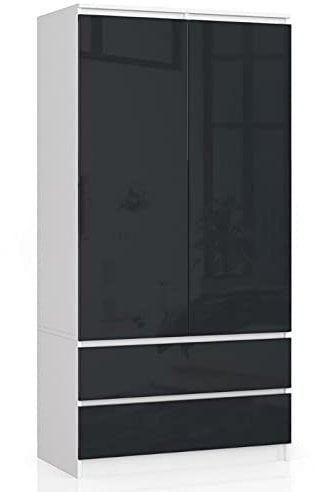 AKORD Zweitüriger Kleiderschrank S 90 cm 2 Schubladen mit Regalen und Einer Kleiderstange für EIN Schlafzimmer Kleiderschränke Minimalistischer Stil Laminierte Platte 16 mm Farbe Weiß/Graphitglanz