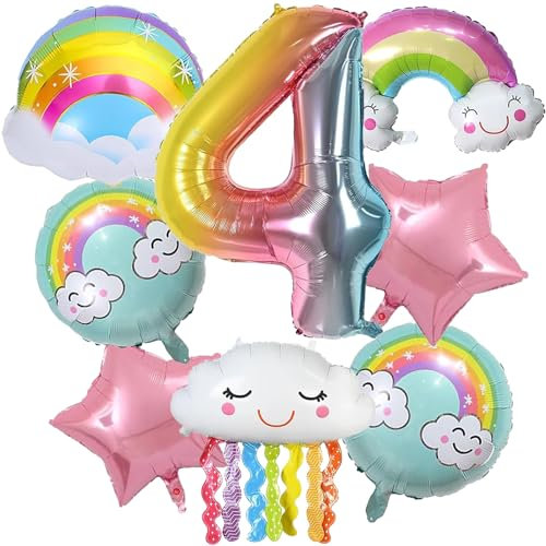 SPERMUOY Regenbogen Geburtstagsdeko Mädchen 4 Jahr,regenbogen deko kindergeburtstag,Regenbogen Wolken Geburtstags Dekoration Luftballons für Mädche