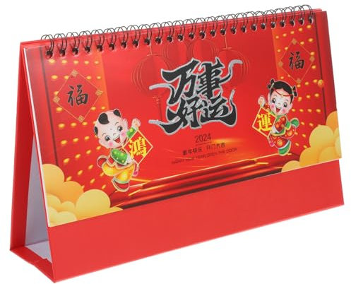 MAGICLULU 2024 Neujahrs-Tischkalender Lukcy Fu-Charakter Monatlicher Tageskalender Freistehender Chinesischer Mond-Feiertagskalender Klapptischkalender