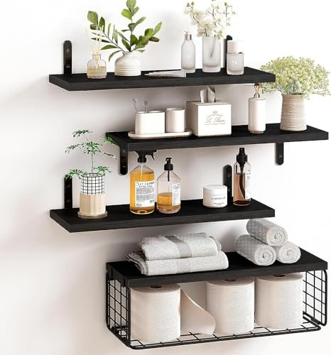 4+1 Tier Floating Shelves, Rustic Wood Wall Mounted Shelf, Bathroom Shelves Over Toilet with Wire Storage Basket, Farmhouse Wall Decor for Bedroom, Living Room, Kitchen, Office, and More (Black)