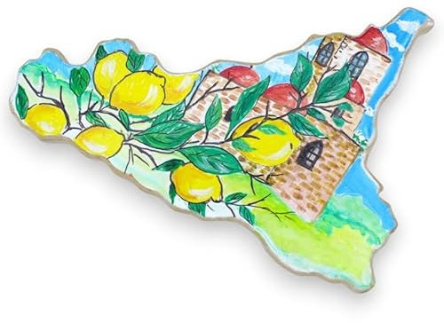 Tagliere in Legno a Forma di Sicilia smussato ai Lati h 20 x l 30 cm ca. Dipinto a Mano: Limoni E San Giovanni degli EREMITI